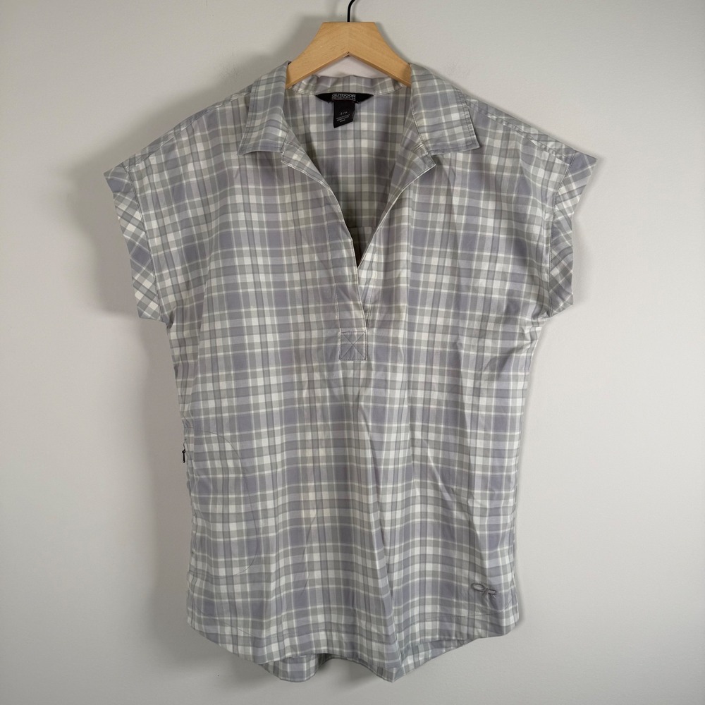Outdoor Research Plaid V-Neck Popover Short Sleeve Shirt Top Small Checkered